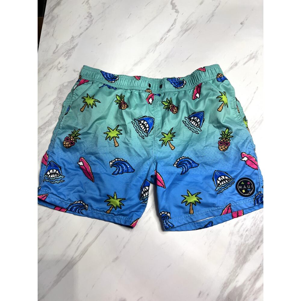 Maui and Sons Pixel Art Sharks Palm Trees Cartoon Swim Trunks Pineapple 34 Ombre